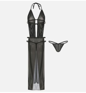 Plunging Neck Sheer Mesh Slit Maxi Gown 